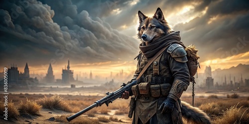 Lone wolf warrior standing guard in a post-apocalyptic wasteland , wolf, warrior, apocalypse, background, post-apocalyptic, wasteland, survival, protection, defense, vigilant, fearless