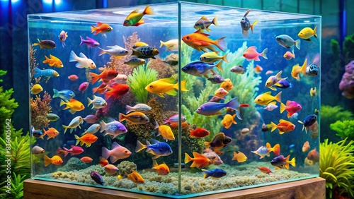 Square glass aquarium with colorful fish swimming peacefully , underwater, aquatic, tropical, pet, marine life, relaxation, habitat, beauty, serene, tranquility, floating, vibrant photo
