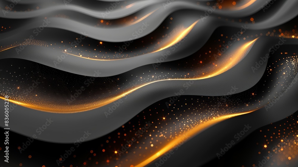 Abstract black and orange 3D wave patterns with scattered golden sparkles. Modern, elegant, and dynamic visual composition. Abstract black and orange 3D wave patterns with scattered golden sparkles. Modern, elegant, and dynamic visual composition.