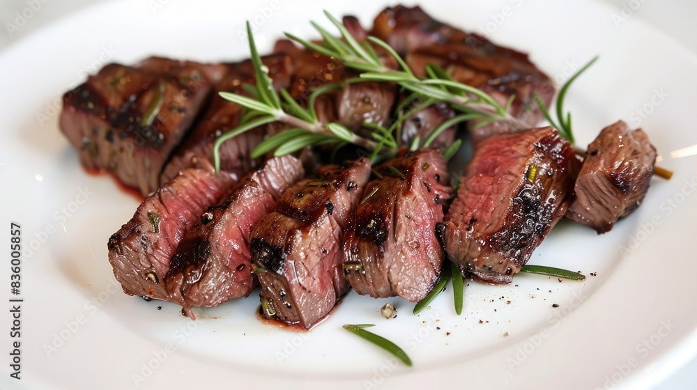 Juicy steak pieces with a crispy outer layer, sliced to show the rare center, garnished with rosemary. Juicy steak pieces with a crispy outer layer, sliced to show the rare center, garnished with rosemary.