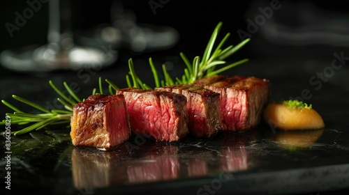 Juicy steak pieces with a crispy outer layer, sliced to show the rare center, garnished with rosemary.