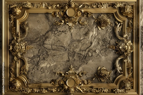 Lavish antique baroque, barocco ornate marble ceiling frame non linear reformation design. elaborate ceiling with intricate accents depicting classic elegance and architectural beauty photo