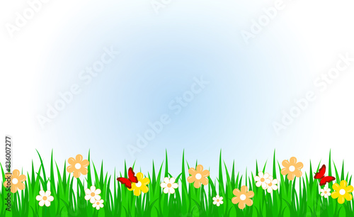 Universal nature background with grass, flowers, butterflies with copy space.