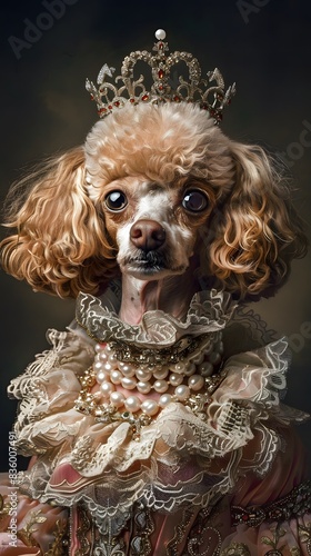 cute poodle dressed like a queen with lace and pearls

