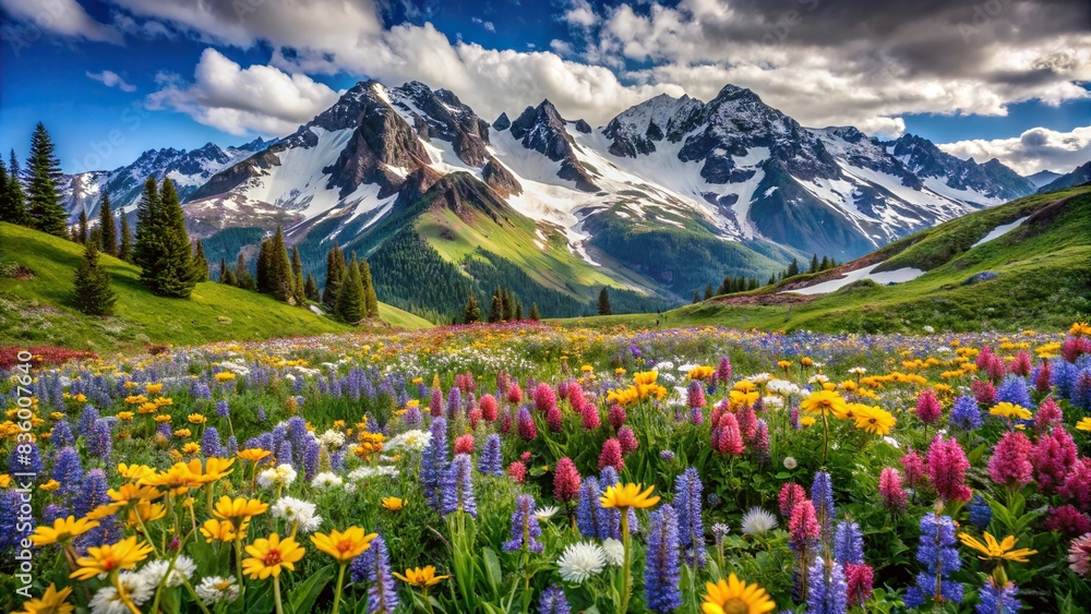 Snow capped mountains in the springtime with vibrant wildflowers blooming , mountains, spring, wildflowers, snow, landscape, nature, scenic, tranquility, peaceful, serene, beauty, alpine