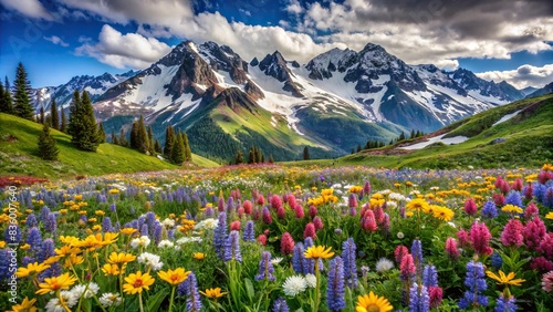 Snow capped mountains in the springtime with vibrant wildflowers blooming   mountains  spring  wildflowers  snow  landscape  nature  scenic  tranquility  peaceful  serene  beauty  alpine