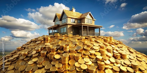 Unattainable dream home perched on a mound of gold coins, wealth, expensive, luxury, financial, aspiration, dream, fantasy, house, home, unaffordable, currency, riches, savings, investment photo