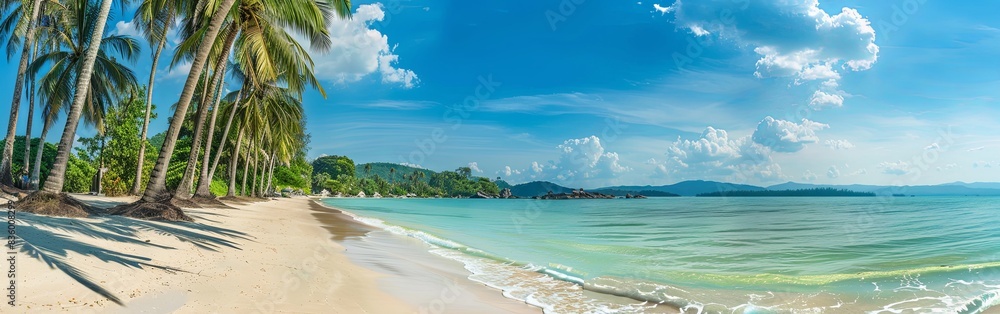 Panoramic Tropical Beach with Palm Trees and Blue Sea Panoramic Tropical Beach with Palm Trees and Blue Sea
