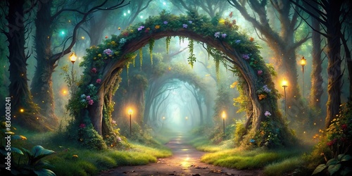 Enchanted fairy forest archway with misty dark atmosphere , fantasy, magical, woodland, ethereal, surreal, mystical, mysterious, eerie, foggy, fantasy world, enchanted forest, atmospheric photo