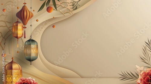 An Islamic Greeting Card template with soft cream copy space and colorful ornate ornaments of hanging lanterns illustrating a rich Eid festival