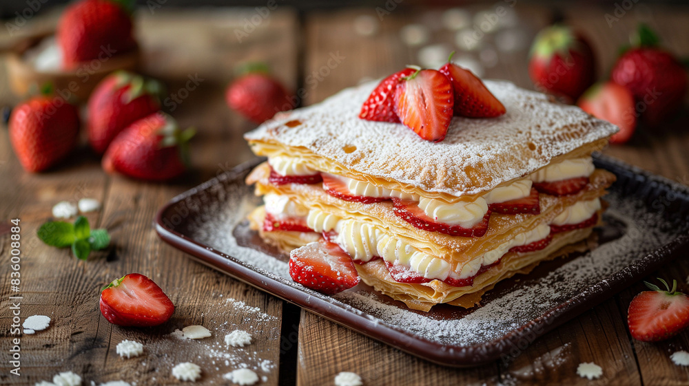 A mille-feuille on a rustic wooden table, dusted with powdered sugar and surrounded by fresh strawberries. Ai generated A mille-feuille on a rustic wooden table, dusted with powdered sugar and surrounded by fresh strawberries. Ai generated