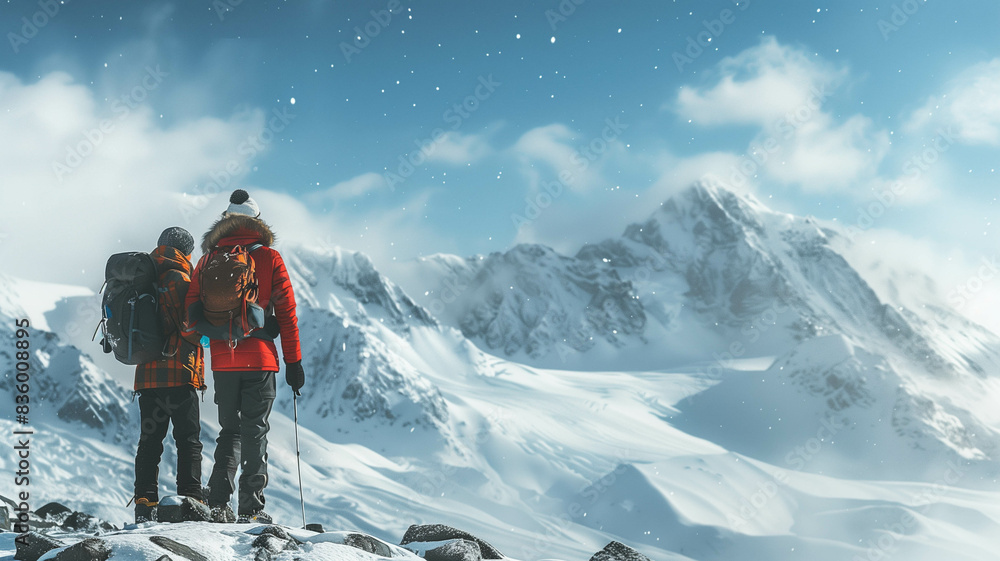 A pair of travelers with backpacks, enjoying the serene mountain view during their winter adventure. Ai generated A pair of travelers with backpacks, enjoying the serene mountain view during their winter adventure. Ai generated