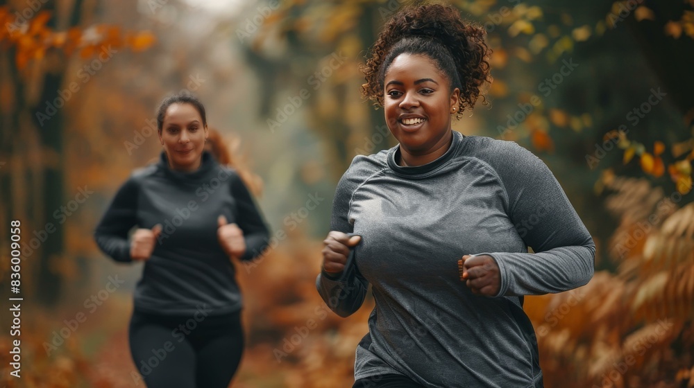 Join an overweight woman and her supportive friend running outdoors in nature. Join an overweight woman and her supportive friend running outdoors in nature.
