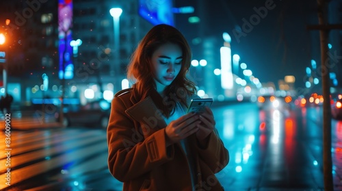 Young woman using her smartphone on city streets at night © AlfaSmart