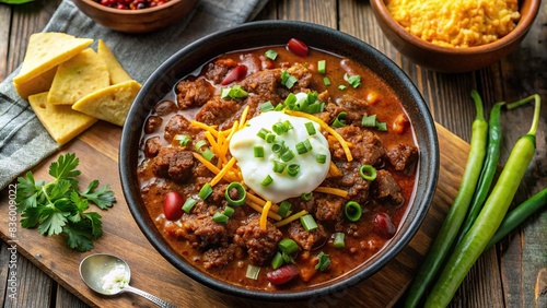 Top down view of beef chili stew in bowl with cheese, scallions, and sour cream on background, beef chili, stew, bowl, cheese, scallions, sour cream, food, delicious, homemade, comfort food