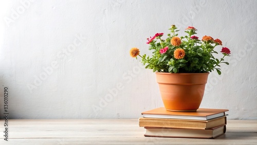 Zenia flowers in a clay pot and books on white table, minimalistic, copy space image, Zenia flowers, clay pot, books, white table, minimalistic, copy space, decoration, interior decor, home photo