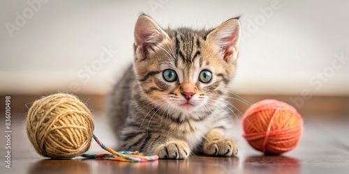 Curious kitten playing with a ball of yarn , playful, energetic, charming, joyful, companion, cat, kitten, adorable, feline, yarn, pet, frisky, cute, domestic, fur, whiskers, curiosity