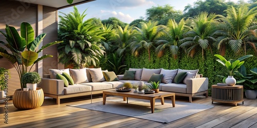 Modern chillout terrace with tropical plants and comfy sofas  terrace  chillout  modern  plants  tropical  sofa  outdoor  relaxation  cozy  design  stylish  greenery  contemporary  luxury