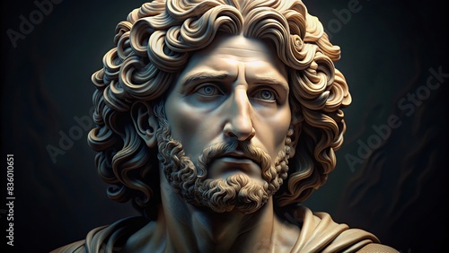 Detailed bust of ancient hero with wavy hair in dark background, bust, ancient, hero, wavy hair, dark background, detailed, sculpture, statue, historical, mythological, legendary, Roman photo