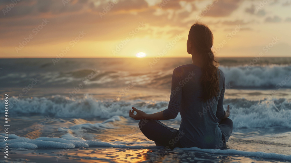 A young woman meditating on a beach at sunset, with waves gently crashing in the background. Ai generated A young woman meditating on a beach at sunset, with waves gently crashing in the background. Ai generated