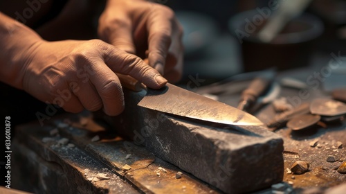 Hand holding a knife and sharpening it on a whetstone photo