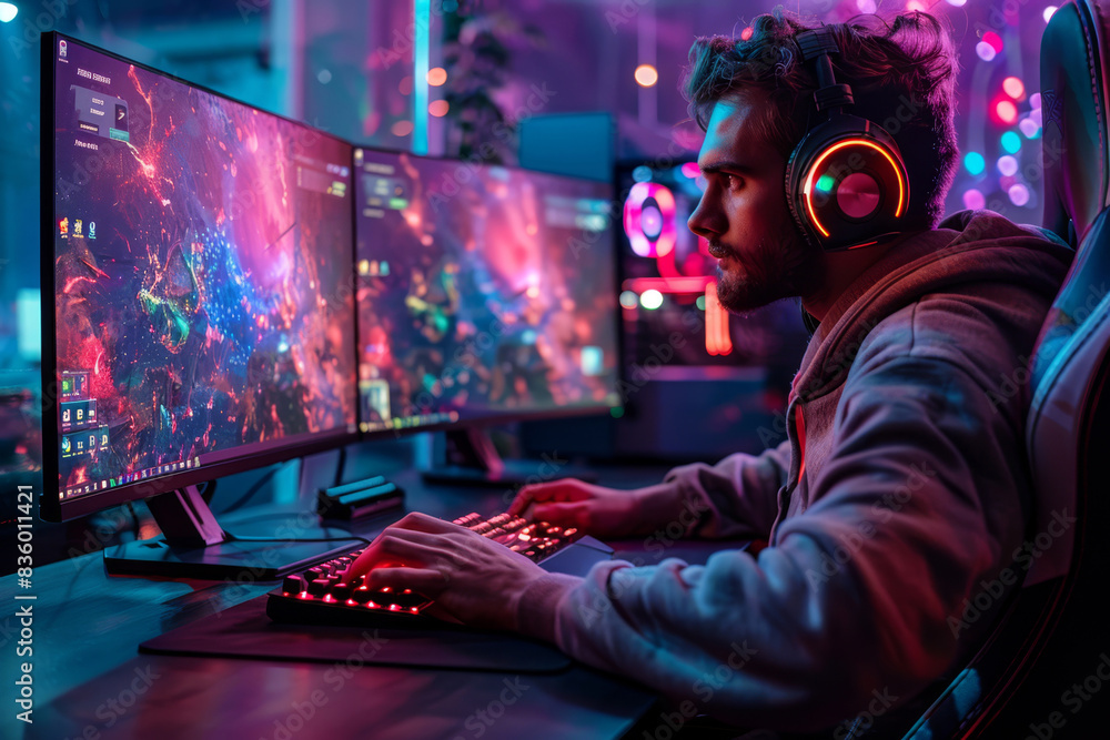 Male gamer fully immersed in a vibrant digital realm, illuminated by the glow of RGB lighting, sits in front of a dual-monitor setup, captivated by the action on screen Male gamer fully immersed in a vibrant digital realm, illuminated by the glow of RGB lighting, sits in front of a dual-monitor setup, captivated by the action on screen