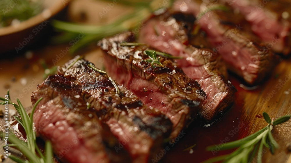 Sliced steak revealing a rare, juicy inside, garnished with rosemary and juices.