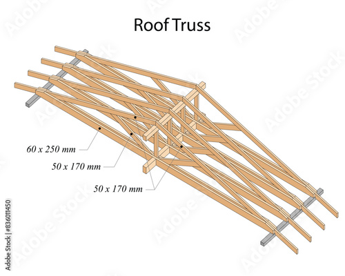 Vector illustration of a wooden queenpost roof truss