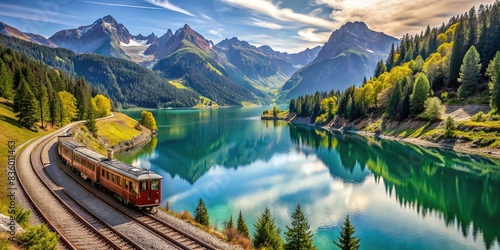 Scenic alpine sightseeing train running alongside a beautiful lake, train, railway, lake, mountains, nature, travel, tourism, panoramic, view, scenic, landscape, transportation, journey photo
