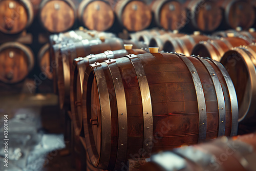 A wine barrel in a wine cellar filled with numerous other barrels, showcasing a rich collection of aging wine. photo