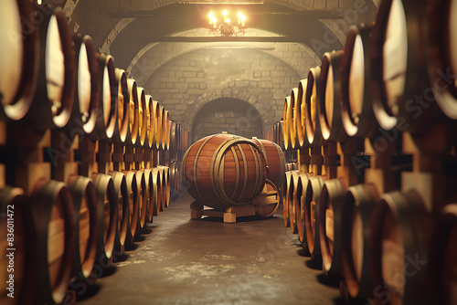 A wine barrel in a wine cellar filled with numerous other barrels, showcasing a rich collection of aging wine.