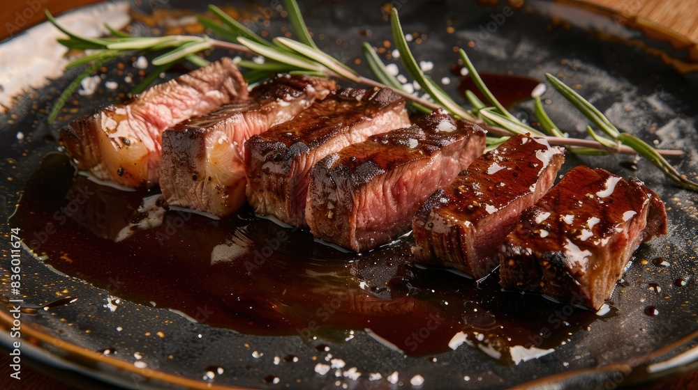 Sliced steak with a crispy exterior and rare inside, garnished with rosemary and juices on the plate.
