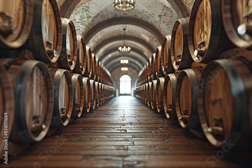 A wine barrel in a wine cellar filled with numerous other barrels  showcasing a rich collection of aging wine.