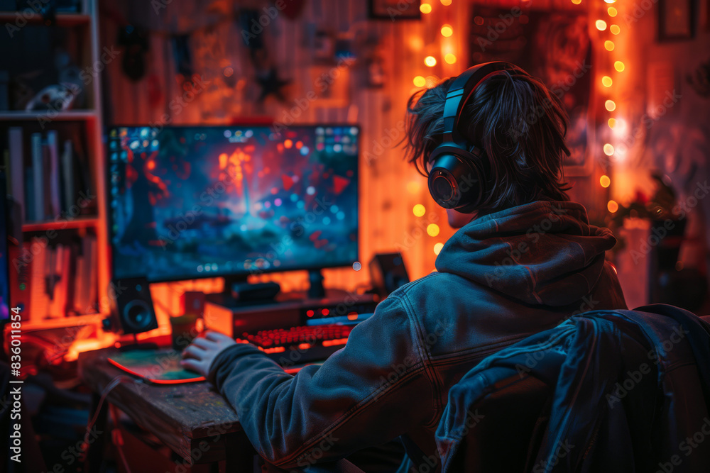 Young gamer in a chair, wearing headphones, focuses on a computer game, illuminated by the glow of the screen