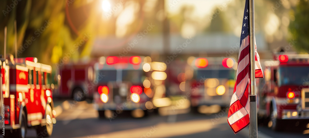 Obraz premium a close-up image of a fire station's flagpole with the national flag waving, while the blurred background includes fire engines and the station building, Fire Station, Fire Engine,
