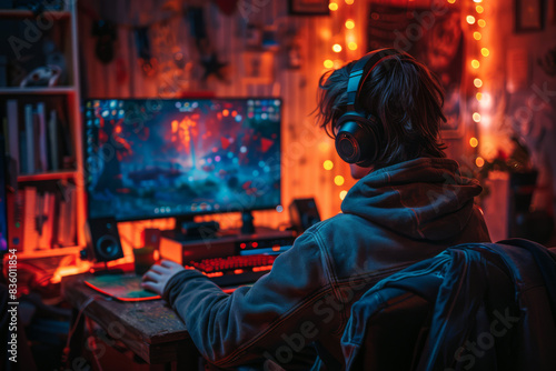 Young gamer in a chair, wearing headphones, focuses on a computer game, illuminated by the glow of the screen