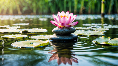 Natural alternative therapy with massage stones and lotus flowers in zen-infused water