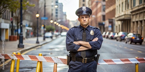 American male police officer in uniform standing in an empty barricaded street, law enforcement, cop, officer, USA, street, barricade, uniform, duty, protection, security, safety, patrol