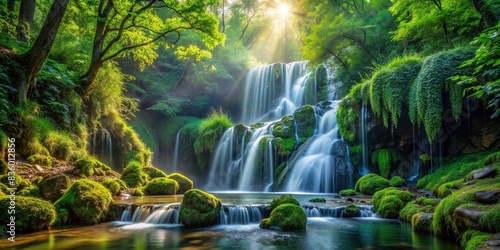 Enchanted forest waterfall cascading through lush greenery, Nature, Waterfall, Cascading, Forest, Enchanted, Magical, Flowing, Tranquil, Scenic, Serene, Greenery, Landscape, Beauty