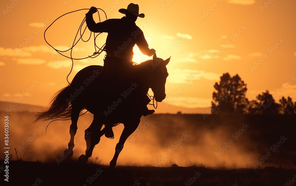 Silhouette of a cowboy on horseback at sunset Silhouette of a cowboy on horseback at sunset