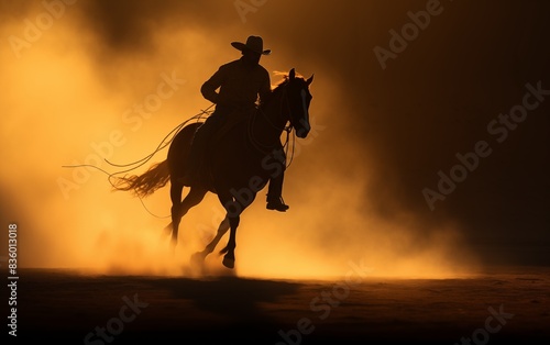 Silhouette of a cowboy on horseback at sunset