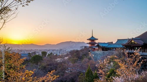 Kiyomizu temple at sunset in Kyoto, Japan.