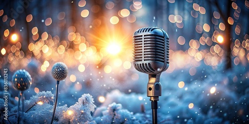 Frost-covered microphone against twilight bokeh concept of melancholic tunes, evening melodies, and nighttime broadcast , melancholic, tunes, evening, melodies, night, broadcast, microphone photo