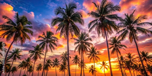Romantic tropical sunset vibes with coconut palm trees and bright sky , Summer vacation, banner, tropical, palm tree, sunlight, exotic, foliage, nature, landscape, coconut palm trees