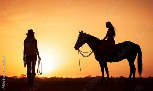 Two girls cowboy and horse at sunset. © Johnovich