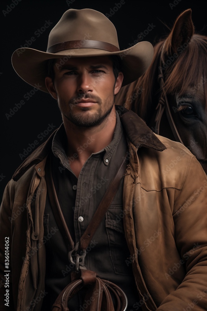 Fototapeta premium Portrait of a handsome young cowboy with a horse