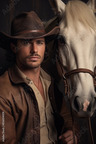 Portrait of a handsome young cowboy with a horse