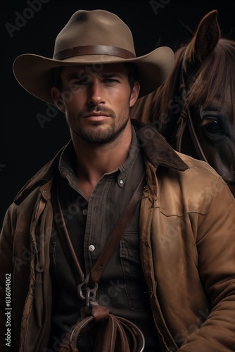 Portrait of a handsome young cowboy with a horse