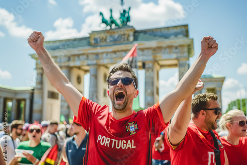 Portuguese football soccer fans in downtown Berlin at the Brandenburg gate celebrate the national team, A Selecao das Quinas
 photo