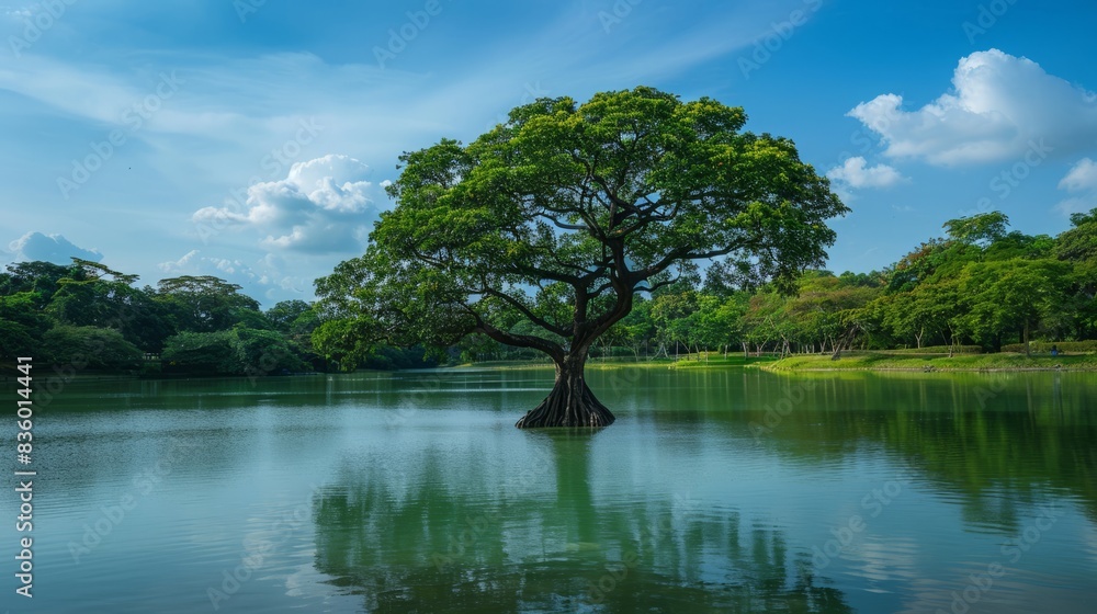 one big tree in the middle around the lake one big tree in the middle around the lake